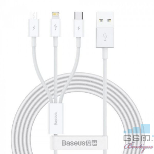 Baseus Cablu Superior Series Fast Charging USB la Lightning, MicroUSB si Type-c 3.5A White (1.5m)
