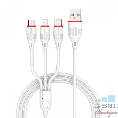 Borofone Cablu BX17 Enjoy 3 in 1 USB la Lightning, MicroUSB si Type-c Alb (2.4A, 1m)