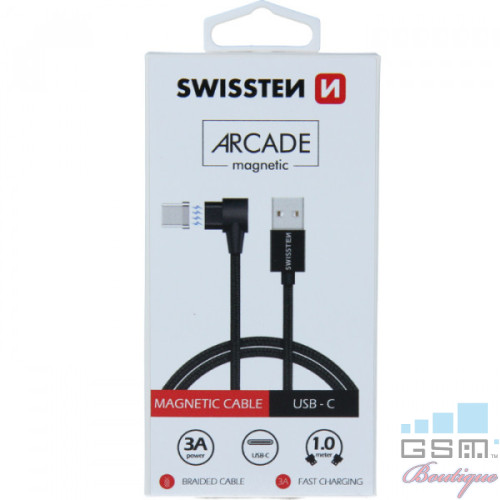 Cablu Date Si Incarcare USB Type C Textil cu Adaptor Magnetic 1,2 m Samsung Huawei Xiaomi Asus LG Allview Negru