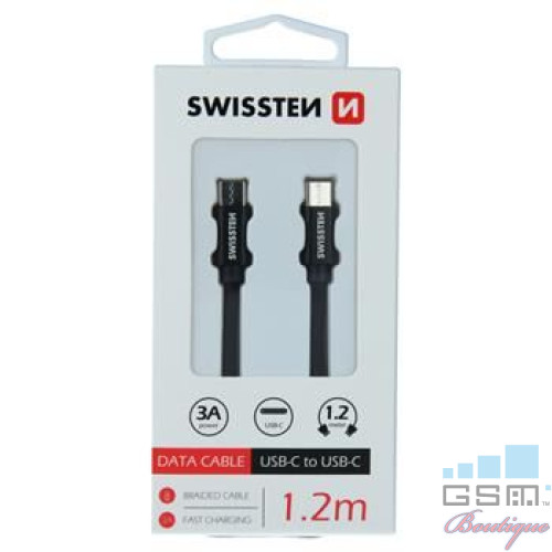 Cablu de date USB C - USB C, 1,2m, Textil, Negru
