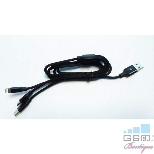 Cablu Incarcare si Date 3 in 1 MicroUSB USB-C Lightning Textil Negru