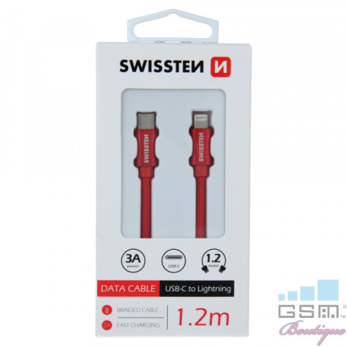 Cablu Incarcare si Date Swissten USB-C - Lightning textil 1,2m Rosu