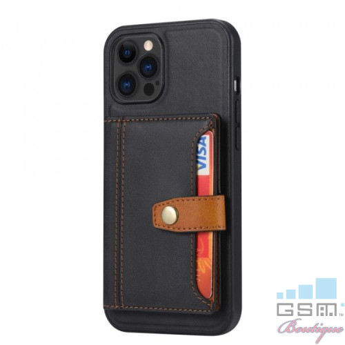 Husa telefon iPhone 12 / 12 Pro TPU cu suport carduri din piele ecologica Neagra
