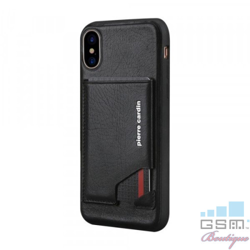 Husa telefon Pierre Cardin iPhone X / XS TPU cu suport carduri din piele naturala Neagra