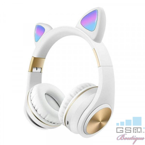 Casti wireless pliabile, Urechi de pisica, Bluetooth 5,0, LED, TF, AUX, Albe