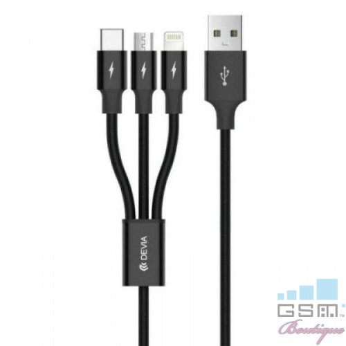Devia Cablu Kintone Series 3 In 1 Tube USB la Lightning, MicroUSB si Type-c, 1.2m, Black