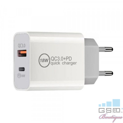 Incarcator retea 18W cu port USB si USB Type C Quick Charge 3,0 Alb