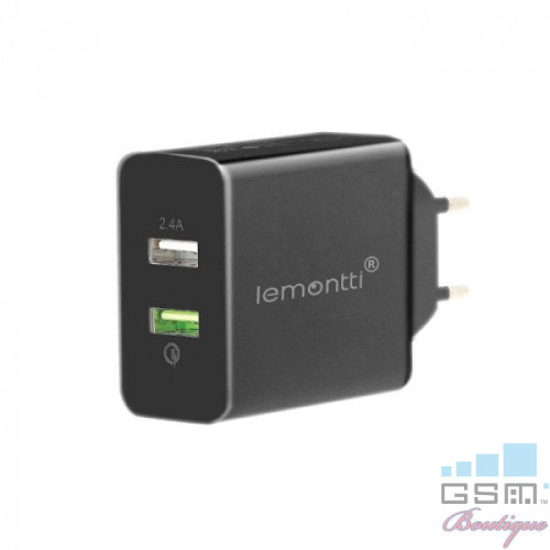 Incarcator retea Lemontti, Dual USB, 3,1 A, Qualcomm 3,0, Negru