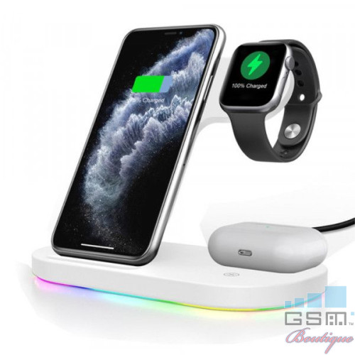 Incarcator wireless 3 in 1 pentru Apple iPhone, Apple Watch, Airpods, Alb