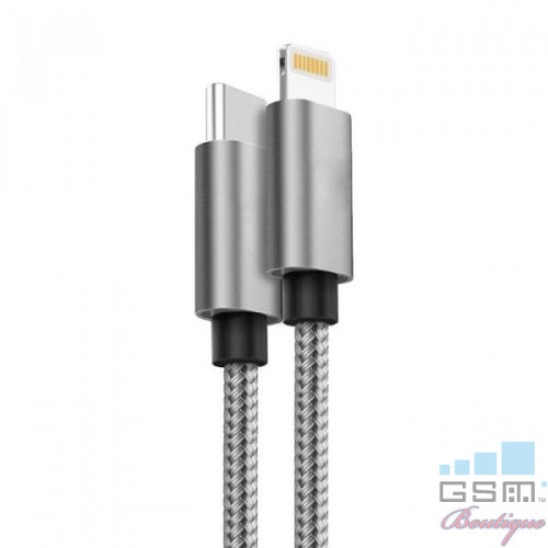 Lemontti Cablu Quick Charge MFI Lightning la Type-C Gri 1.5m (PD, impletitura nylon)