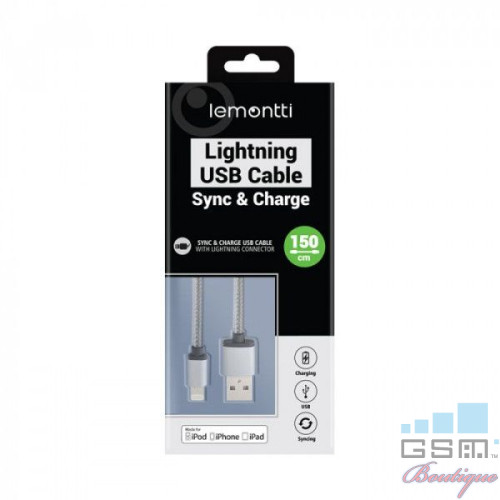 Lemontti Cablu USB MFI Lightning Gri 1.5m (impletitura textila)