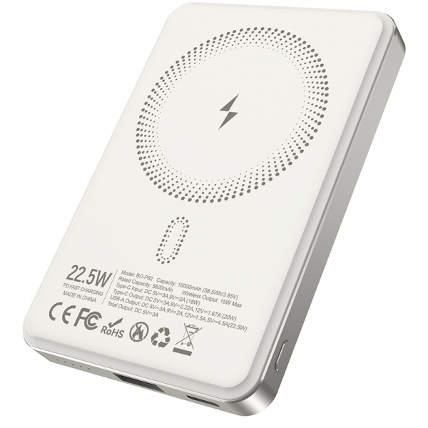 Baterie Externa Wireless BWOO BO-P82, 10000mAh, 22.5W, PD + FQI, 1 x QI - 1 x USB-C, Alba
