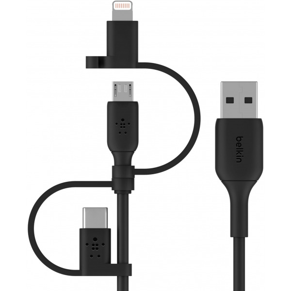 Cablu Date si Incarcare USB-A - Lightning / microUSB / USB-C Belkin BoostCharge, 1m, Negru CAC001bt1MBK