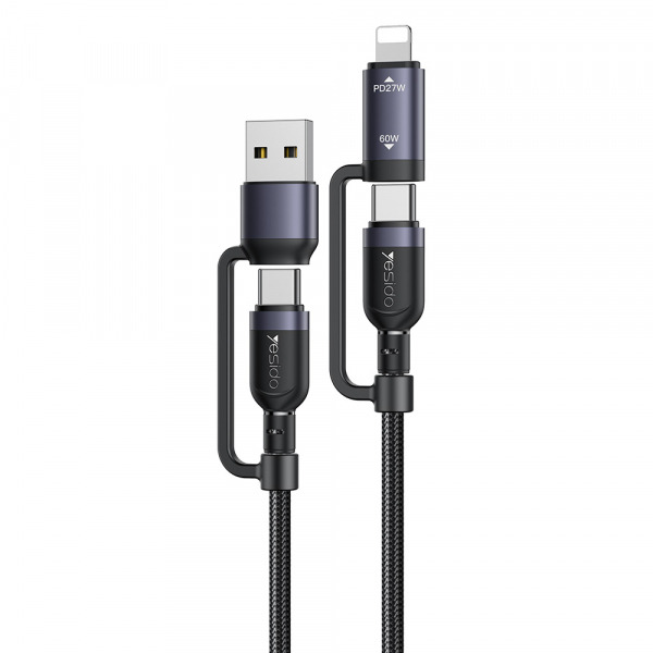 Cablu Date si Incarcare USB-C / USB-A - USB-C / Lightning Yesido CA200, 60W, 1.2m, Negru