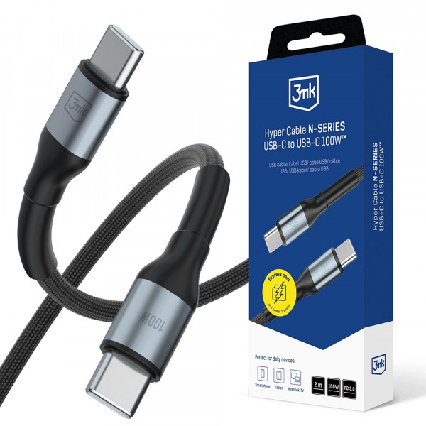 Cablu Date si Incarcare USB-C - USB-C 3MK Hyper N, 100W, 2m, Negru