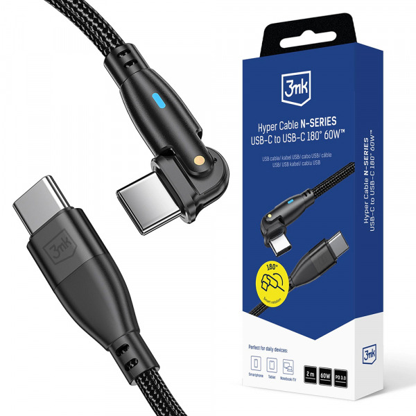 Cablu Date si Incarcare USB-C - USB-C 3MK Hyper N Angled, 60W, 2m, Negru