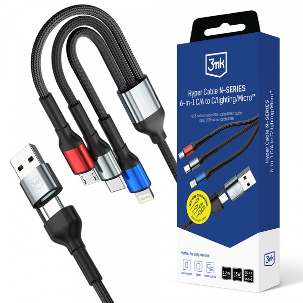 Cablu Incarcare USB-A / USB-C - Lightning / microUSB / USB-C 3MK Hyper N, 18W, 1.2m, Negru