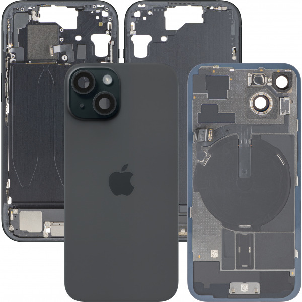Capac Baterie Apple iPhone 15, Cu Carcasa Mijloc, Full Parts, Negru, Swap Premium
