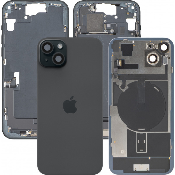 Capac Baterie Apple iPhone 15 Plus, Cu Carcasa Mijloc, Full Parts, Negru, Swap Premium