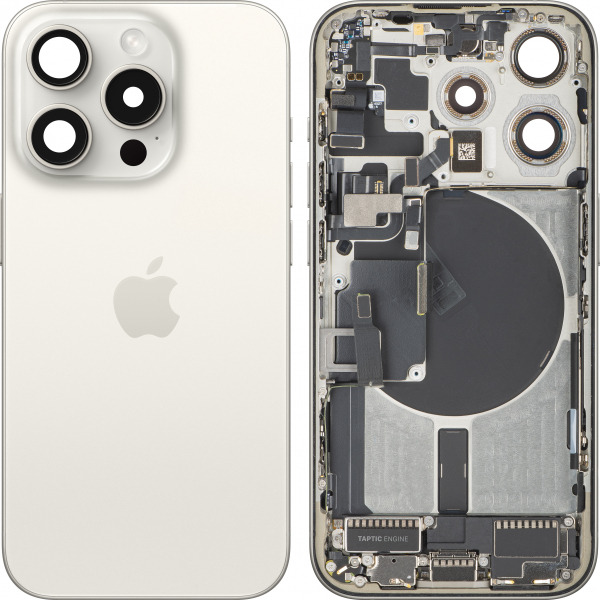 Capac Baterie Apple iPhone 15 Pro, Cu Carcasa Mijloc, Full Parts, Alb (White Titanium), Swap Premium