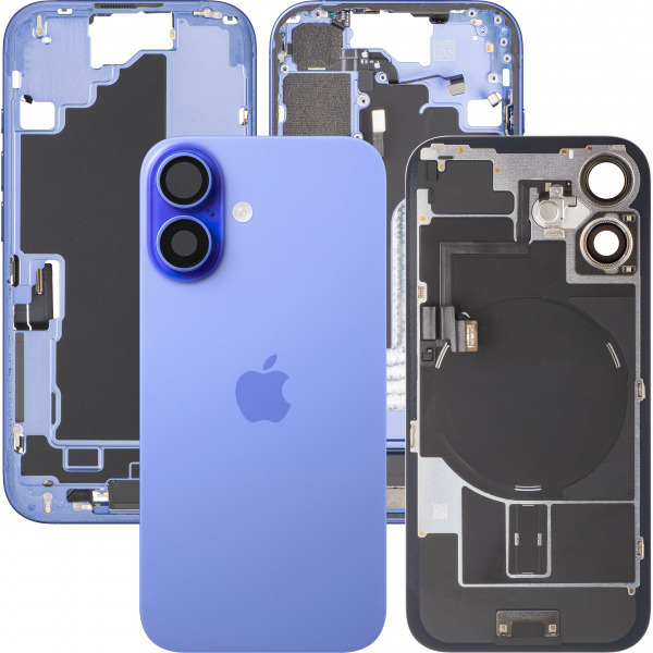 Capac Baterie Apple iPhone 16, Cu Carcasa Mijloc, Full Parts, Albastru (Ultramarine), Swap Premium
