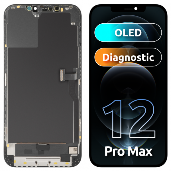 Display cu Touchscreen MP compatibil cu Apple iPhone 12 Pro Max, cu Rama, Versiune OLED Diagnostic, Negru