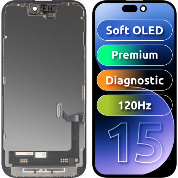 Display cu Touchscreen MP compatibil cu Apple iPhone 15, cu Rama, Versiune Premium Soft OLED FHD Diagnostic, Negru