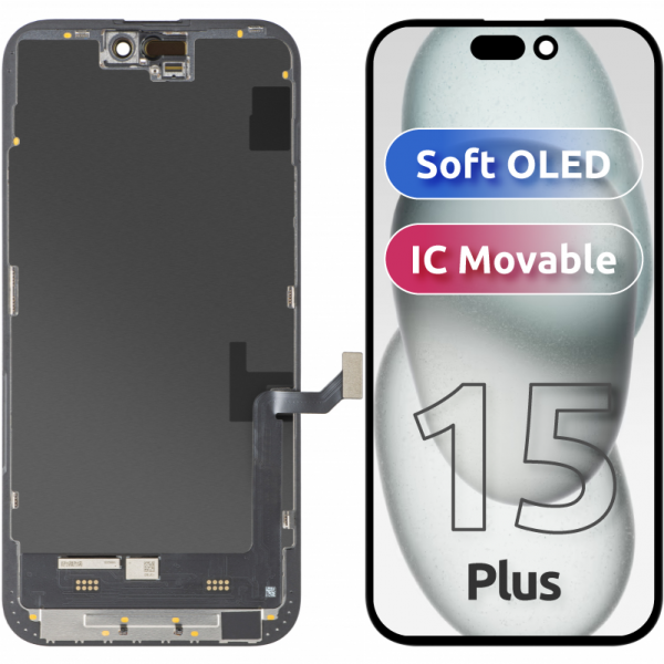 Display cu Touchscreen MP compatibil cu Apple iPhone 15 Plus, cu Rama, Versiune Soft OLED FHD IC Movable, Negru
