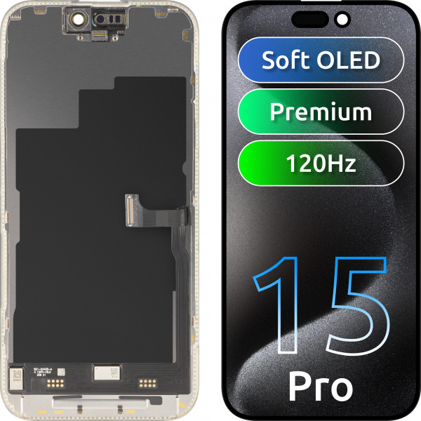 Display cu Touchscreen MP compatibil cu Apple iPhone 15 Pro, cu Rama, Versiune Premium Soft OLED FHD 120Hz, Negru