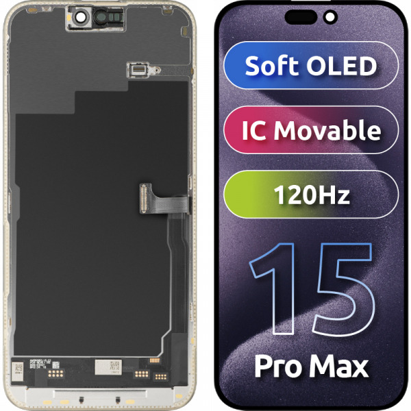 Display cu Touchscreen MP compatibil cu Apple iPhone 15 Pro Max, cu Rama, Versiune Soft OLED FHD 120Hz IC Movable, Negru