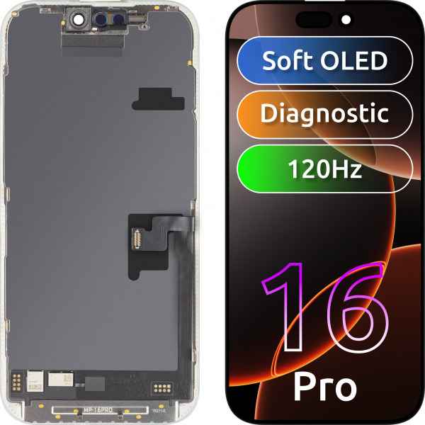 Display cu Touchscreen MP compatibil cu Apple iPhone 16 Pro, cu Rama, Versiune Soft OLED FHD Diagnostic, Negru