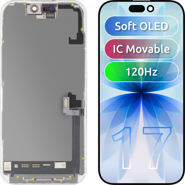 Display cu Touchscreen MP compatibil cu Apple iPhone 17, cu Rama, Versiune Soft OLED FHD 120Hz IC Movable, Negru