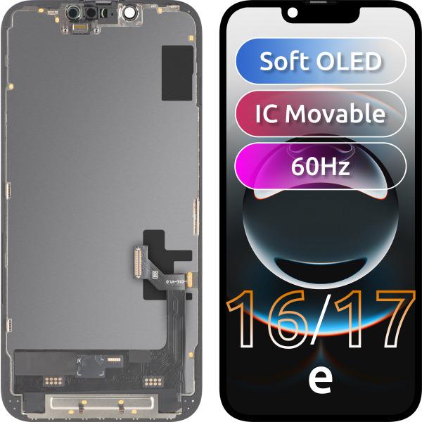Display cu Touchscreen MP compatibil cu Apple iPhone 17e / 16e, cu Rama, Versiune Soft OLED FHD IC Movable, Negru