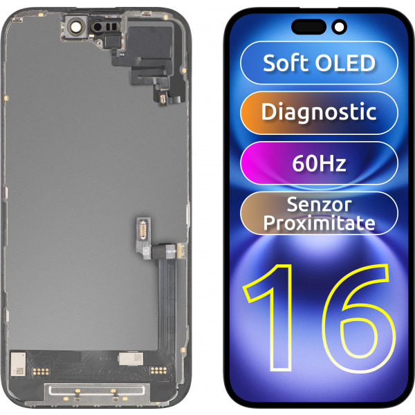 Display cu Touchscreen si Senzor Proximitate Lumina MP compatibil cu Apple iPhone 16, cu Rama, Versiune Soft OLED FHD Diagnostic, Negru