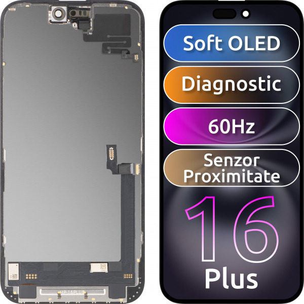 Display cu Touchscreen si Senzor Proximitate Lumina MP compatibil cu Apple iPhone 16 Plus, cu Rama, Versiune Soft OLED FHD Diagnostic, Negru