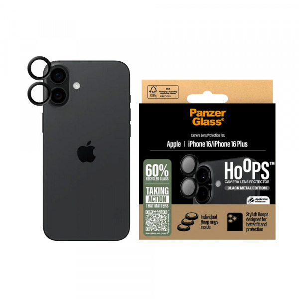 Folie de protectie Camera Spate PanzerGlass Hoops pentru Apple iPhone 16 Plus / 16, Sticla Securizata, Neagra