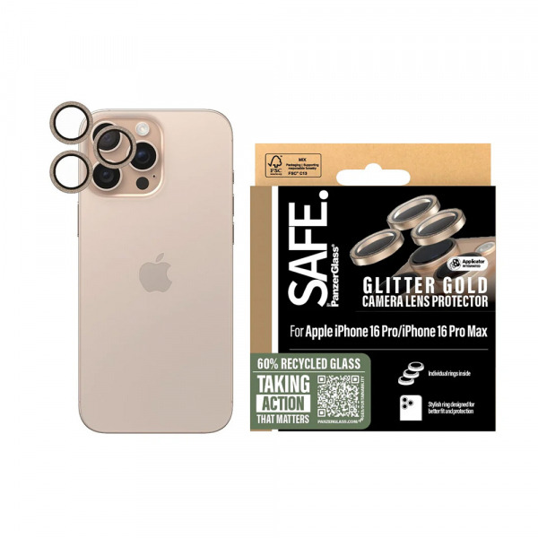 Folie de protectie Camera Spate PanzerGlass Safe. Glitter pentru Apple iPhone 16 Pro Max / 16 Pro, Sticla Securizata, Aurie
