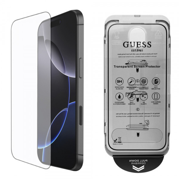 Folie de protectie Ecran Guess Classic Outline pentru Apple iPhone 16 Pro Max, Sticla Securizata, Full Glue, 2.5D, Neagra