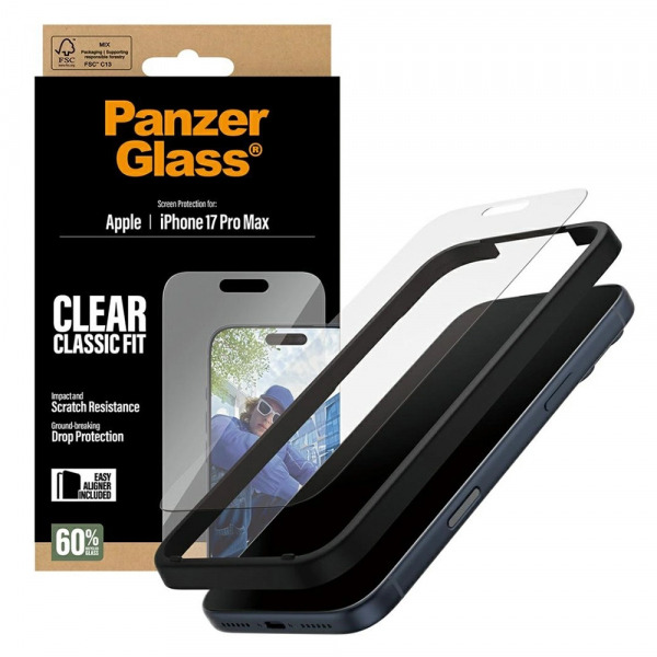 Folie de protectie Ecran PanzerGlass Classic Fit EasyAligner pentru Apple iPhone 17 Pro Max, Sticla Securizata, Full Glue