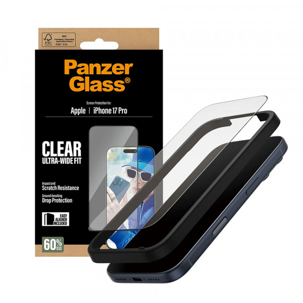 Folie de protectie Ecran PanzerGlass Ultra-Wide Fit EasyAligner pentru Apple iPhone 17 Pro, Sticla Securizata, Full Glue, Neagra