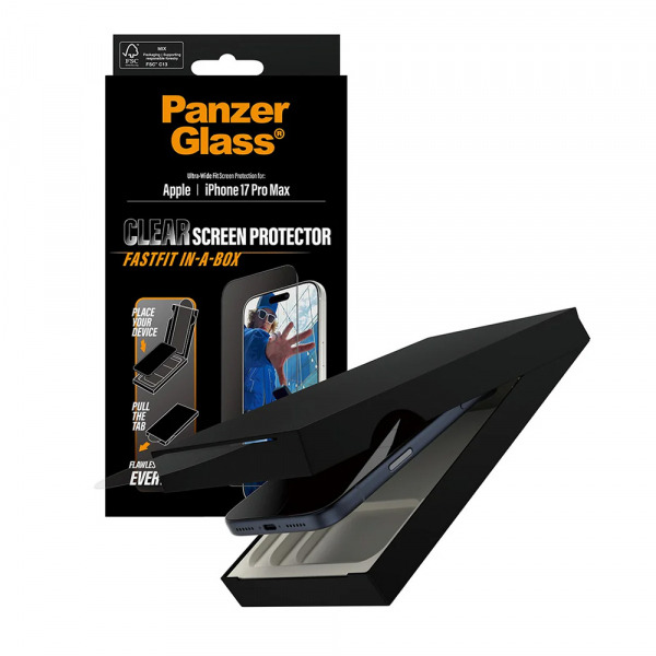 Folie de protectie Ecran PanzerGlass Ultra-Wide Fit Fastfit pentru Apple iPhone 17 Pro Max, Sticla Securizata, Full Glue, Neagra