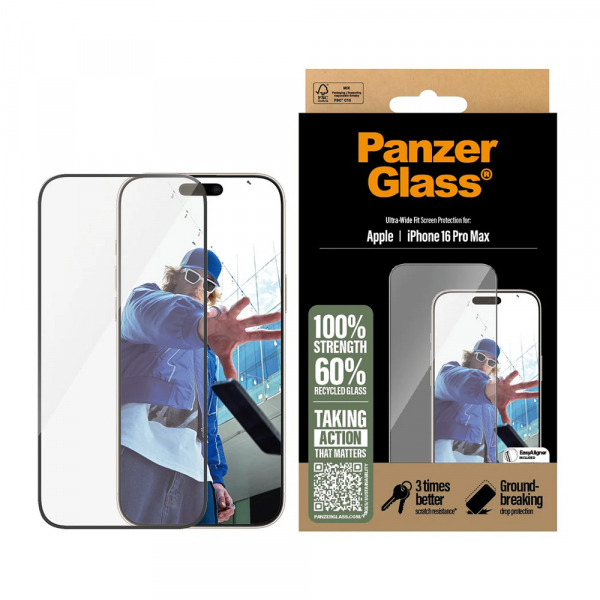 Folie de protectie Ecran PanzerGlass Ultra-Wide Fit pentru Apple iPhone 16 Pro Max, Sticla Securizata, Full Glue, Neagra