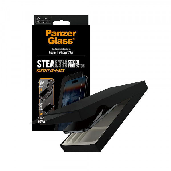 Folie de protectie Ecran PanzerGlass Ultra-Wide Fit Stealth Fastfit pentru Apple iPhone 17 Air, Sticla Securizata, Full Glue, Neagra