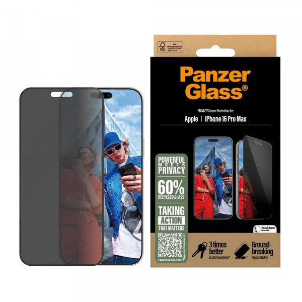 Folie de protectie Ecran Privacy PanzerGlass Ultra-Wide Fit EasyAligner pentru Apple iPhone 16 Pro Max, Sticla Securizata, Full Glue