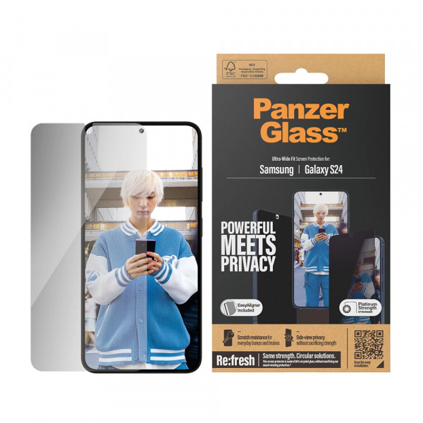 Folie de protectie Ecran Privacy PanzerGlass Ultra-Wide Fit EasyAligner pentru Samsung Galaxy S24 S921, Sticla Securizata, Full Glue