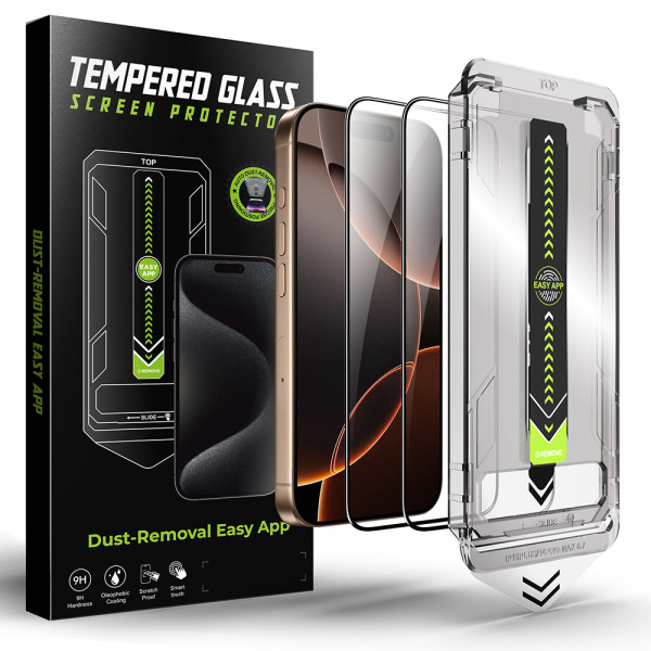 Folie de protectie Ecran Techsuit TitanGlass pentru Apple iPhone 16 Pro Max, Sticla Securizata, Full Glue, Set 2 bucati, Neagra