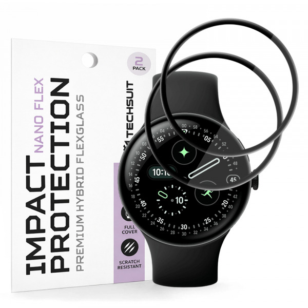 Folie Protectie Techsuit Nano Flex pentru Google Pixel Watch 4 45mm, Set 2 bucati, Plastic, Neagra