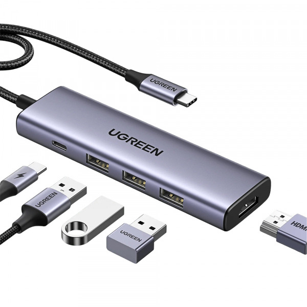 Hub USB-C UGREEN CM511 (15596), 3 x USB-A 3.0 - 1 x USB-C - 1 x HDMI, Gri