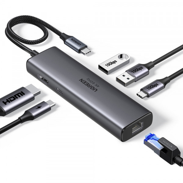 Hub USB-C UGREEN CM512 (45000), 2 x USB-A 3.2 - 2 x USB-C - 1 X HDMI - 1 x RJ45, Gri