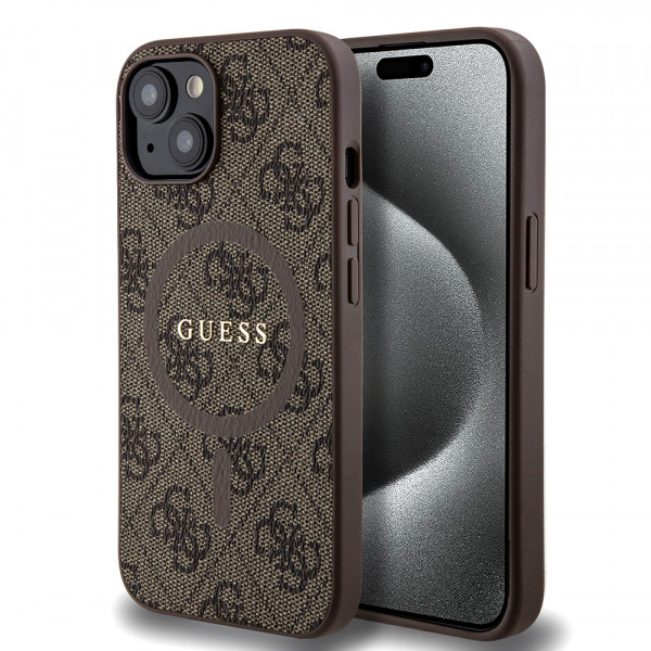 Husa MagSafe pentru Apple iPhone 15 Plus, Guess, 4G Colored Ring, Maro